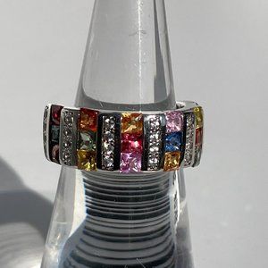 Multi Color Sapphire and Natural White Zircon Band Ring -- Size 5